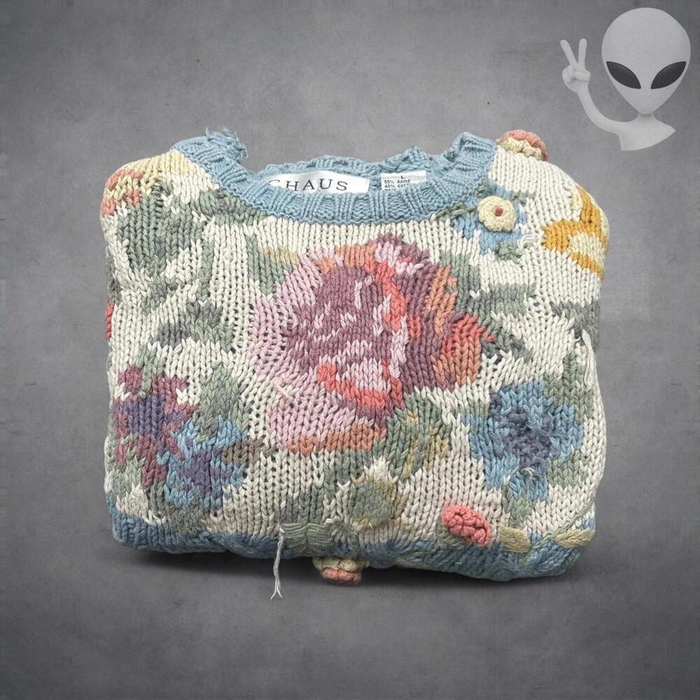 Vintage Chaus Womens Large Cable Knit Sweater 3D Rose Floral Grandmacore Blue - Picture 5 of 5